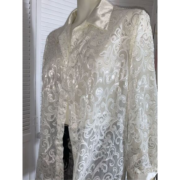 NWT Vintage Cream Sheer Satin Lace Oversized Button Down Blouse XL - Picture 5 of 10